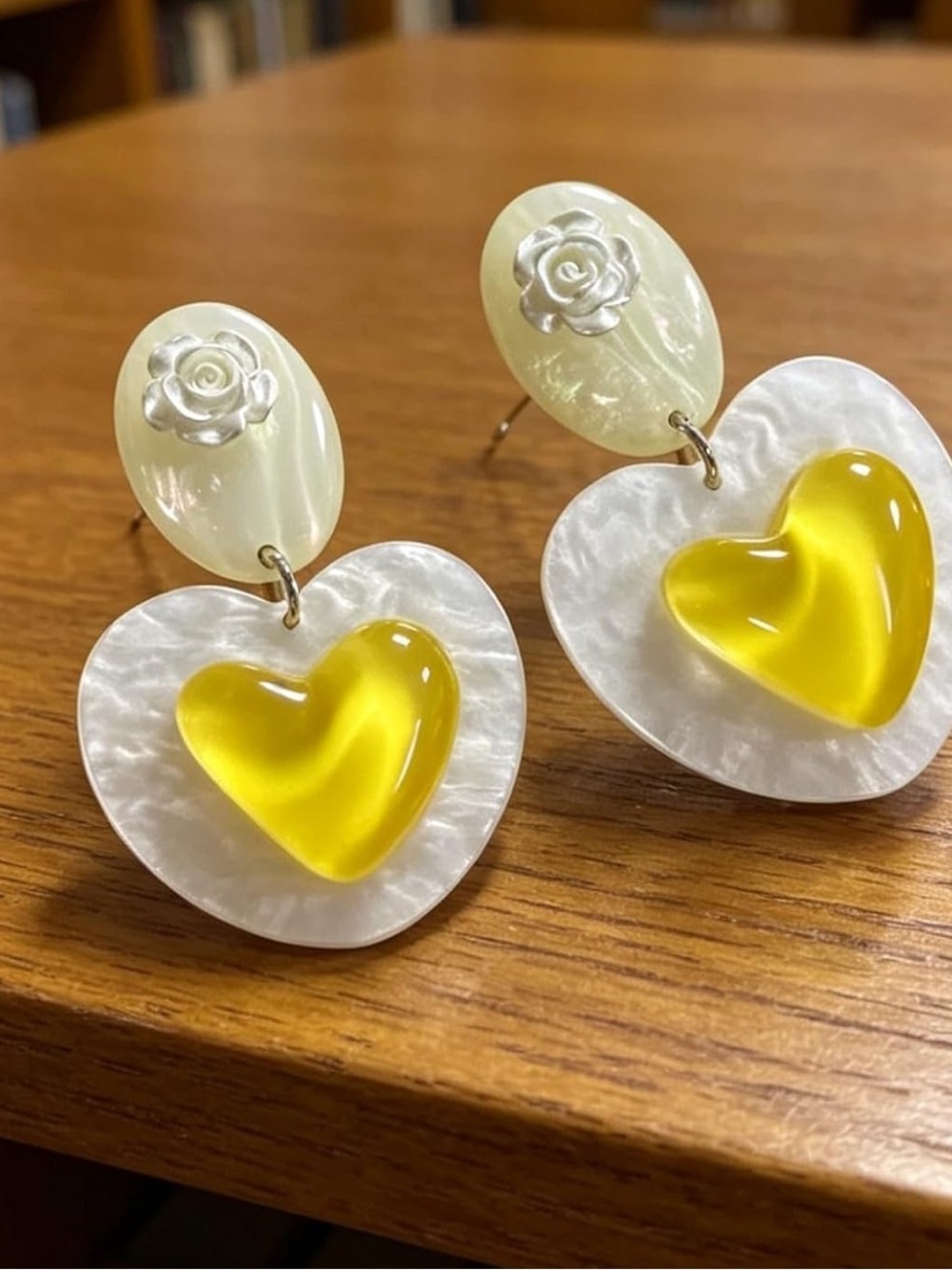 White Heart Drop Earrings with Yellow Heart Accent - Picture 3 of 6